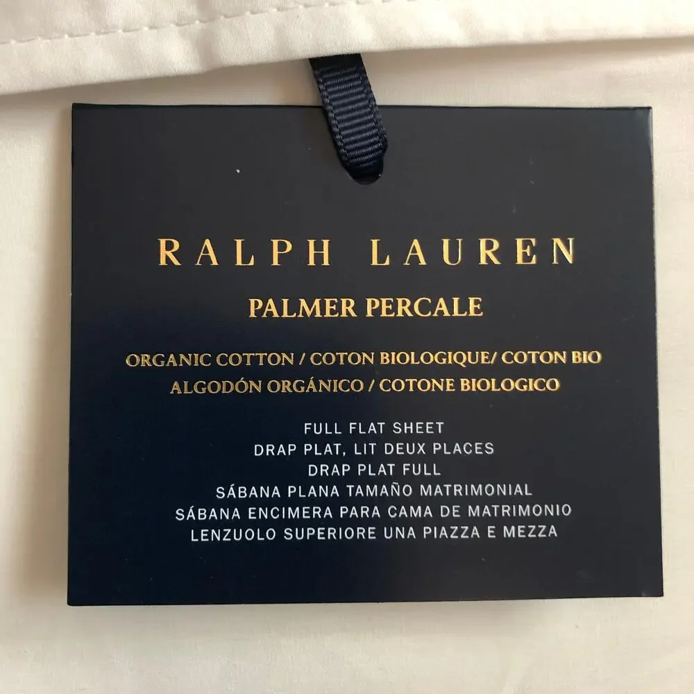 Ralph Lauren Organic Cotton Percale Palmer Full Flat Sheet White Pale Sky Blue